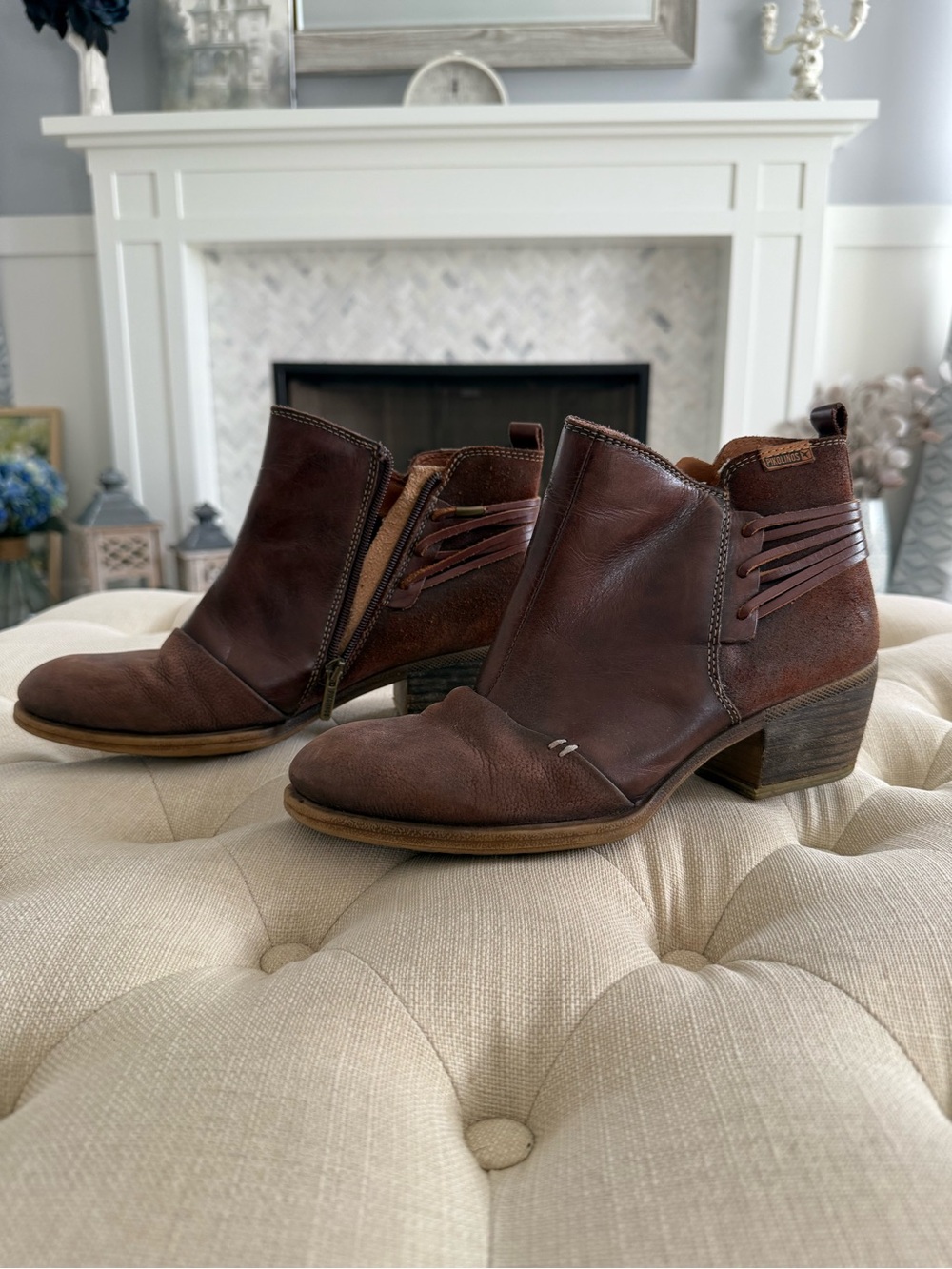 PIKOLINOS Brown Leather Ankle Booties with Stacked Heel